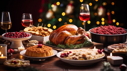 A table laden with festive dishes, from roast turkey to pies, Christmas party, blurred background, with copy space