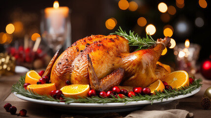A golden roasted turkey or chicken on a bed of herbs and citrus, Christmas party, blurred background, with copy space