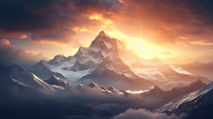 A snow-covered mountain range at dawn, with the sun's golden light breaking through the clouds.