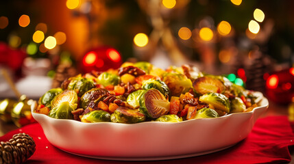 A colorful bowl of Brussels sprouts roasted with chestnuts, Christmas party, blurred background, with copy space