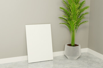 Canvas paint mockup standing on the floor with flower. 3D Render.