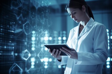young female woman medical worker - doctor or researcher holding a tablet and looking at the documents, with blue technology cyber overlay - obrazy, fototapety, plakaty