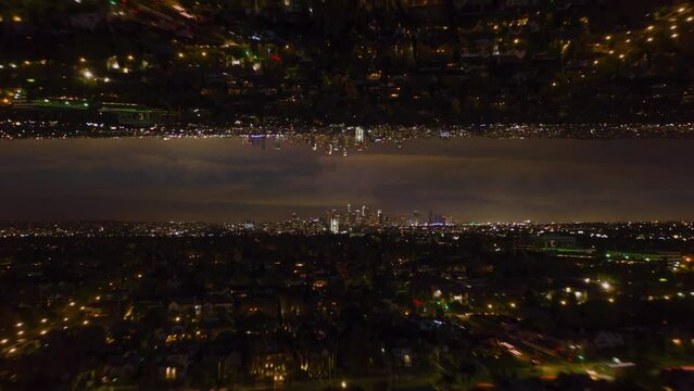 Hyperlapse shot of dust in metropolis. Aerial panoramic view of big city with modern high rise office buildings in background. Los Angeles, USA. Abstract computer effect digital composed footage
