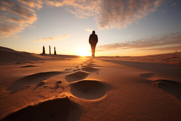 Fototapeta na wymiar Man walking in the desert at sunset. Silhouette of a man.