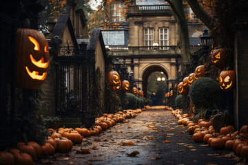 Halloween pumpkins in front of a house in London, UK 