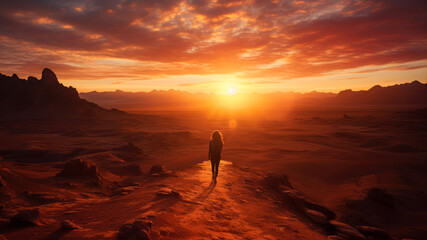 Fototapeta na wymiar woman walking in the desert at sunset.