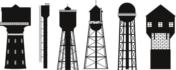 Water tower tank silhouette flat vector - obrazy, fototapety, plakaty