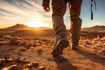 Hiking boots in the desert at sunset. Travel and adventure concept. - obrazy, fototapety, plakaty