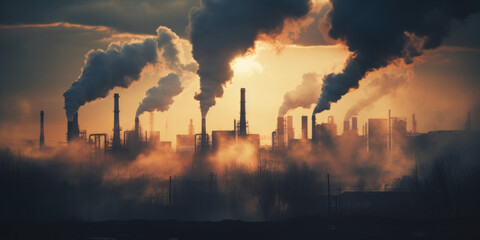 Obraz premium vue panoramique sur une zone industrielle émettant de grande quantité de fumée polluante
