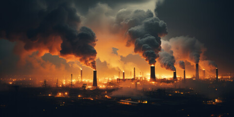vue panoramique sur une zone industrielle émettant de grande quantité de fumée polluante - obrazy, fototapety, plakaty