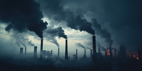 Obraz premium vue panoramique sur une zone industrielle émettant de grande quantité de fumée polluante