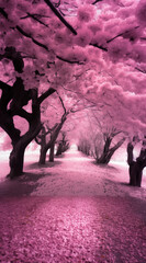 An avenue of cherry trees blooming in winter, white and pink style.