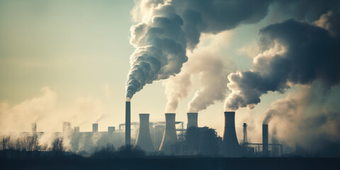 vue panoramique sur une zone industrielle émettant de grande quantité de fumée polluante - obrazy, fototapety, plakaty