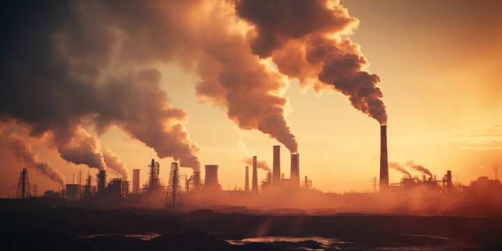 vue panoramique sur une zone industrielle &eacute;mettant de grande quantit&eacute; de fum&eacute;e polluante