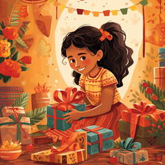 Latin American People Wrapping Festive Gifts with Charming Character Illustrations