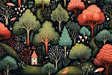 Whimsical fairy-tale forest illustrated patterns.