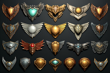 Leagues shields of rating icons for mobile game. UI victory trophy copcept. Score achievements icons. Golden bronze silver wood iron leagues with dragon. Epic gamer set. Isolated vector illustration  - obrazy, fototapety, plakaty