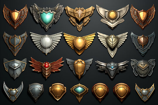 Leagues shields of rating icons for mobile game. UI victory trophy copcept. Score achievements icons. Golden bronze silver wood iron leagues with dragon. Epic gamer set. Isolated vector illustration 