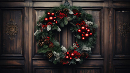 Fototapeta na wymiar Christmas wreath on a wooden door. Christmas and New Year background.