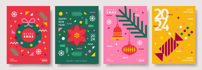 Merry Christmas and Happy New Year abstract geometric cards design. Modern Xmas design with typography, geometric patterns and elements. Vector templates for banner, poster, holiday cover. - obrazy, fototapety, plakaty
