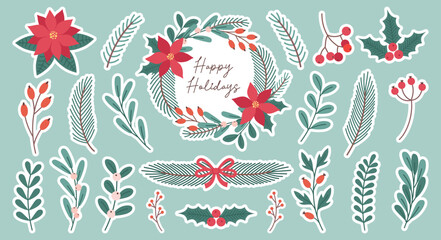 Winter Christmas hand drawn plants stickers set. Christmas botanical elements. Holiday Xmas decor, wreath, garland, branches, flowers, berries, leaves.