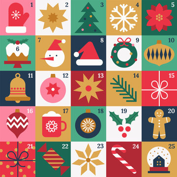 Christmas Advent calendar with geometric holiday icons. Merry Christmas poster, template, banner, card with Xmas elements in modern minimalist style. Vector flat illustration.