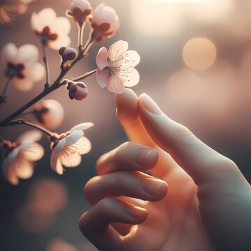 Hand touching delicate pink flower, soft light, evening glow, gentle moment, nature's beauty, peaceful interaction, warmth, connection