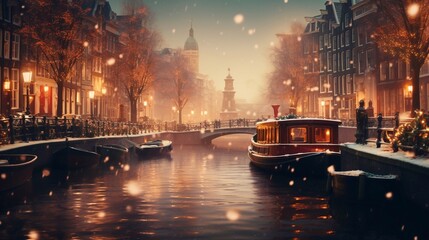 Amsterdam Netherlands canals with Christmas lights during December, canal historical center of Amsterdam at night. Europe. Holland