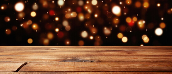 Wooden table in front of christmas bokeh lights background.