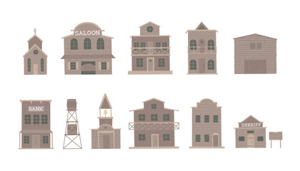 Wild west city. Western wood buildings saloon, bank, house, sheriff office vector illustration set