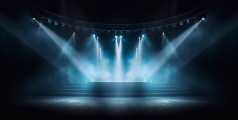 Close up Illuminated stage with scenic lights and smoke. Blue purple spotlight with smoke volume light effect on dark background. Realistic modern 3d empty minimal scene mockup design
