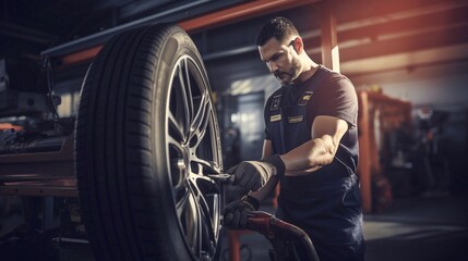 Obraz na płótnie Canvas Car mechanic working and changing wheel alloy tire at repairing service in garage background. Technician man replacing winter and summer tyre for safety road trip