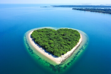 Aerial view of a heart shaped tropical island