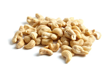 Cashew nut heap isolated on white background. Isolated cashews, ready to munch