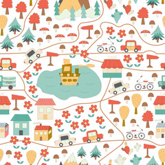 Fototapeta na wymiar Seamless pattern cute children's card with houses, ship, cars, roads, bike, flowers and trees on a white background. Use for interior surfaces, fabrics, furniture, stationery, clothing.