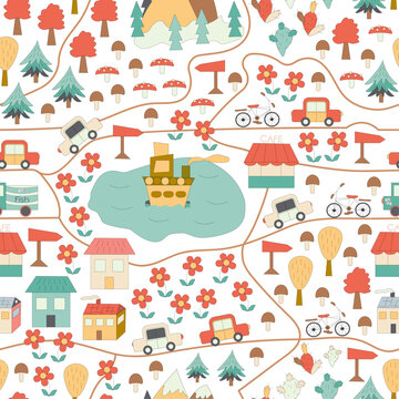 Seamless pattern cute children's card with houses, ship, cars, roads, bike, flowers and trees on a white background. Use for interior surfaces, fabrics, furniture, stationery, clothing.