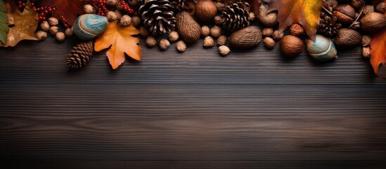 Obraz na płótnie Canvas Autumn foliage nuts and pine cones on a rustic banner background Top view with empty area