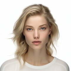 Fototapeta premium Studio portrait of a young pretty blonde woman with clean, well-groomed skin and blue eyes on a white background. 