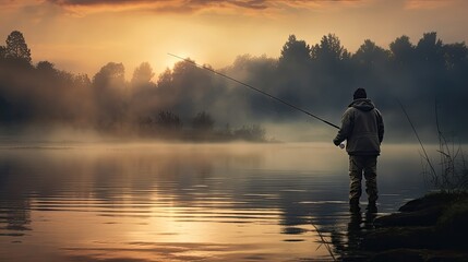 fisherman with a fishing rod catches fish on the river