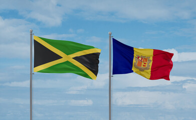 Jamaica and Andorra national flags, country relationship concept