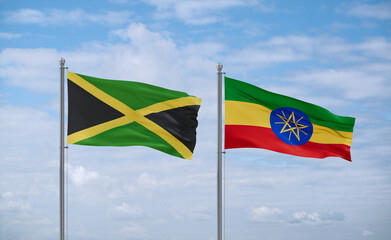 Ethiopia and Jamaica flags, country relationship concept