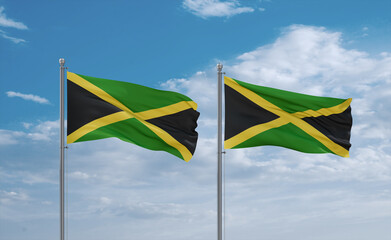 Two Jamaica flags, country relationship concept