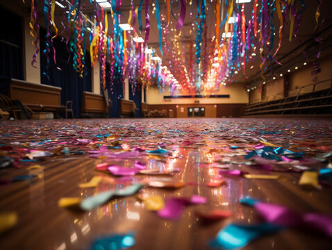 Riesiger Ballsaal grandios f&uuml;r Fasching und Karneval mit Luftschlangen und Luftballons geschm&uuml;ckt, ai generativ