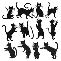 Black silhouette of a cats set on white background.
