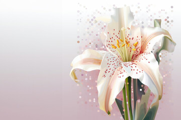 A pixelated representation of an abstract pixelated lily, with pixelated trumpet-shaped petals in shades of white and pastel pink.