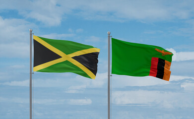 Zambia and Jamaica flags, country relationship concept
