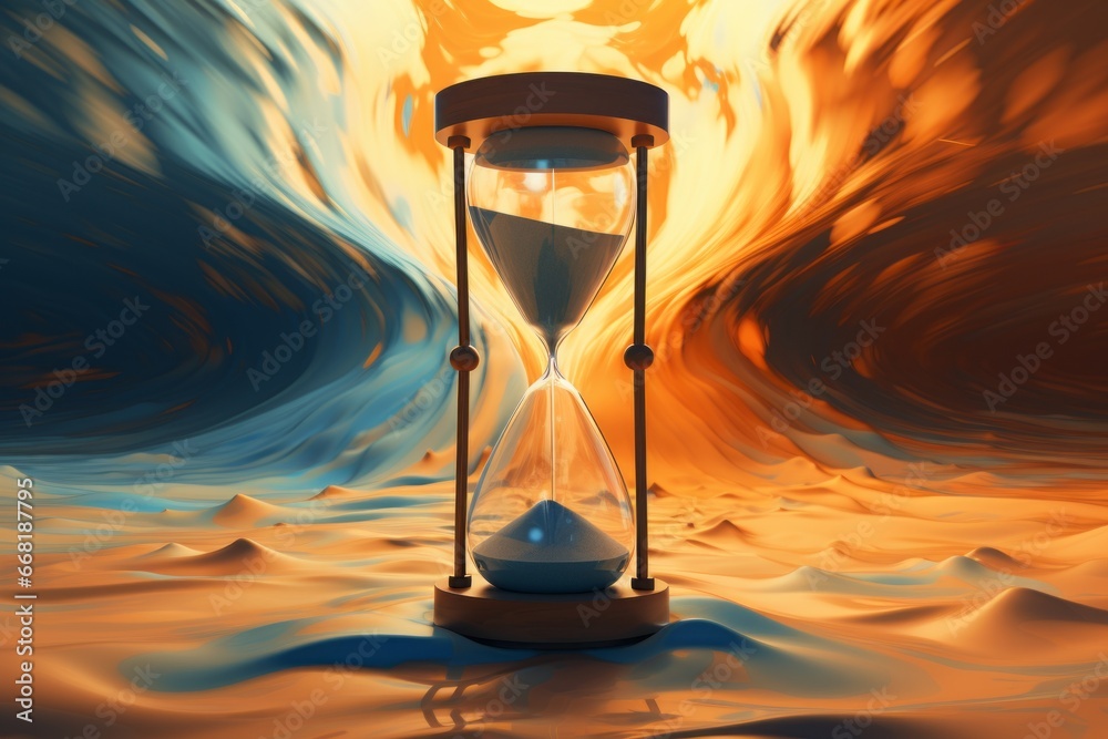 Poster An abstract pixelated digital illusion of a pixelated hourglass with sand grains pixelated into flowing streams, symbolizing the passage of time.