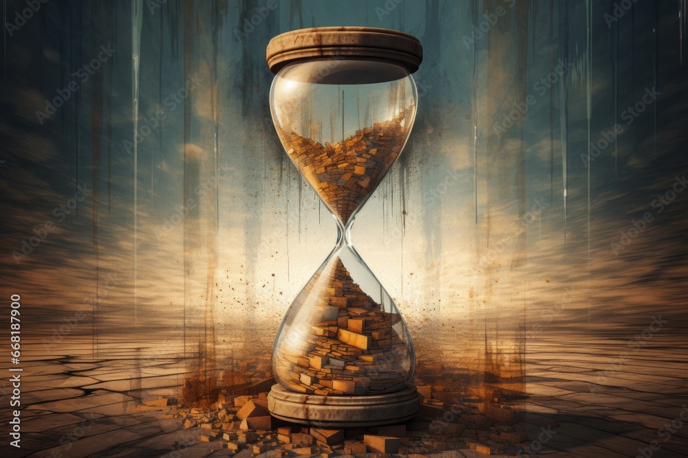 Poster A pixelated digital illusion of a shattered hourglass, its granules pixelated into fractured patterns, symbolizing the disintegration of time.