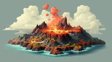 A pixelated rendition of a pixelated volcanic island with pixelated lava flows and pixelated smoking craters.