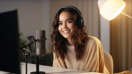 Happy young woman record a podcast with headphones and microphone for live streaming at home studio.